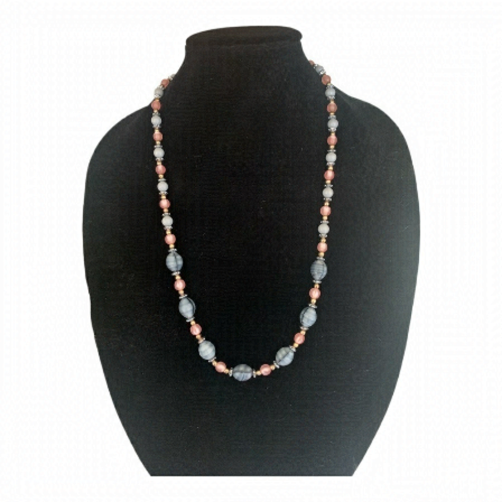PINK, blue/grey, gold, and silver beaded necklace Opera length 28”